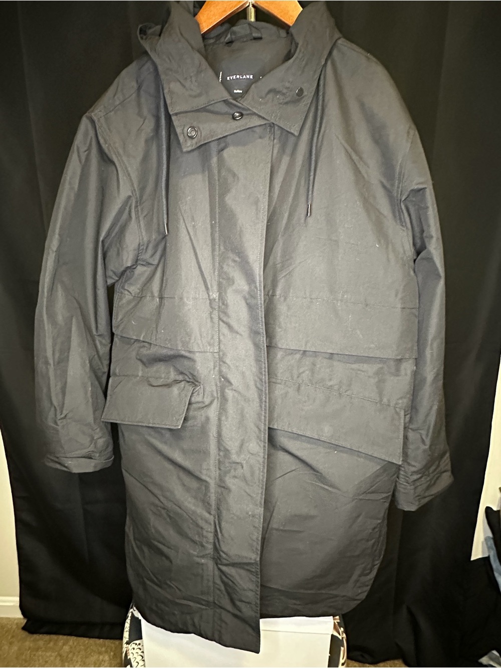 Everlane Black Hooded Coat with Flap Pockets